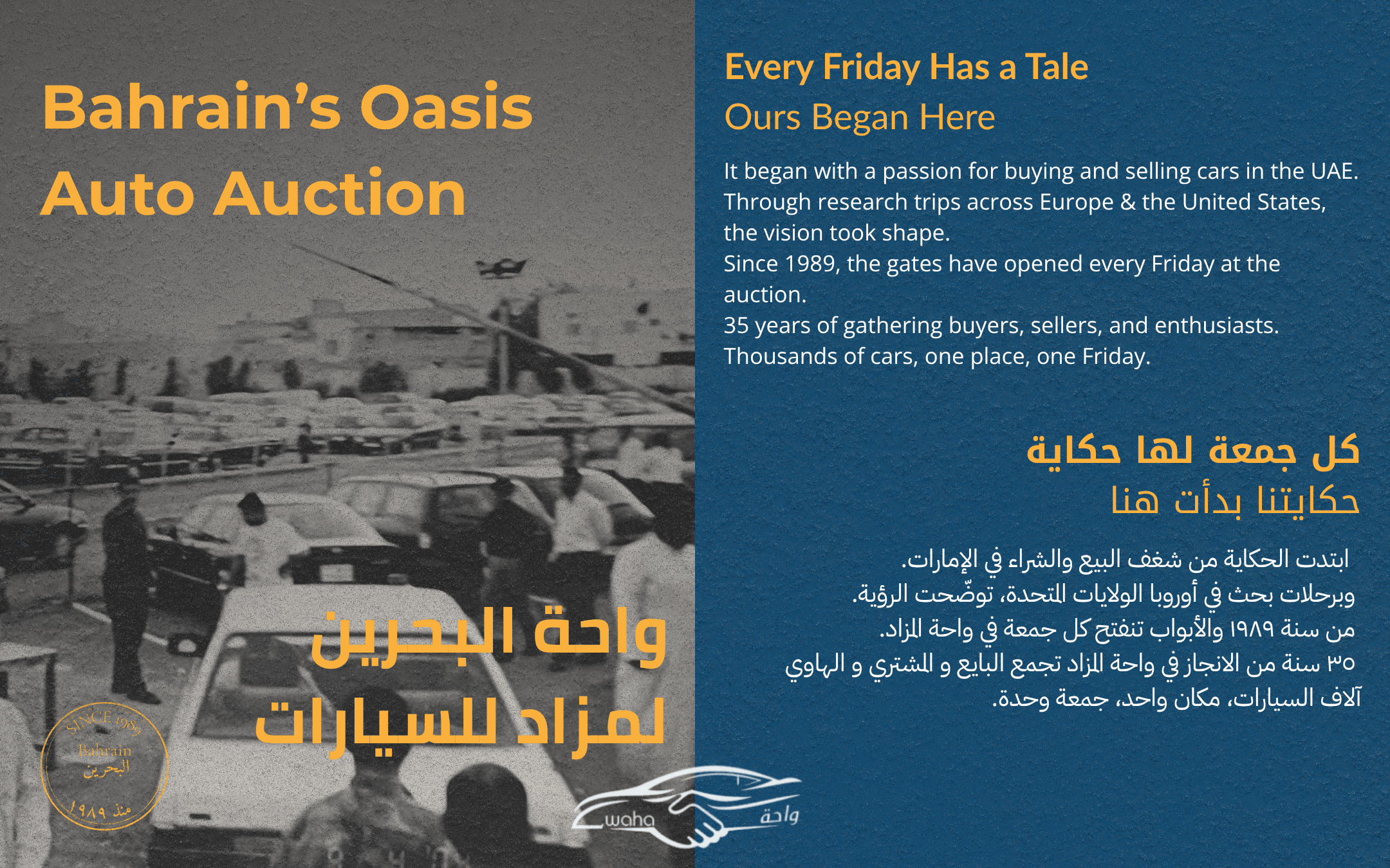 Bahrain Oasis brand story, English and Arabic, over the auction floor