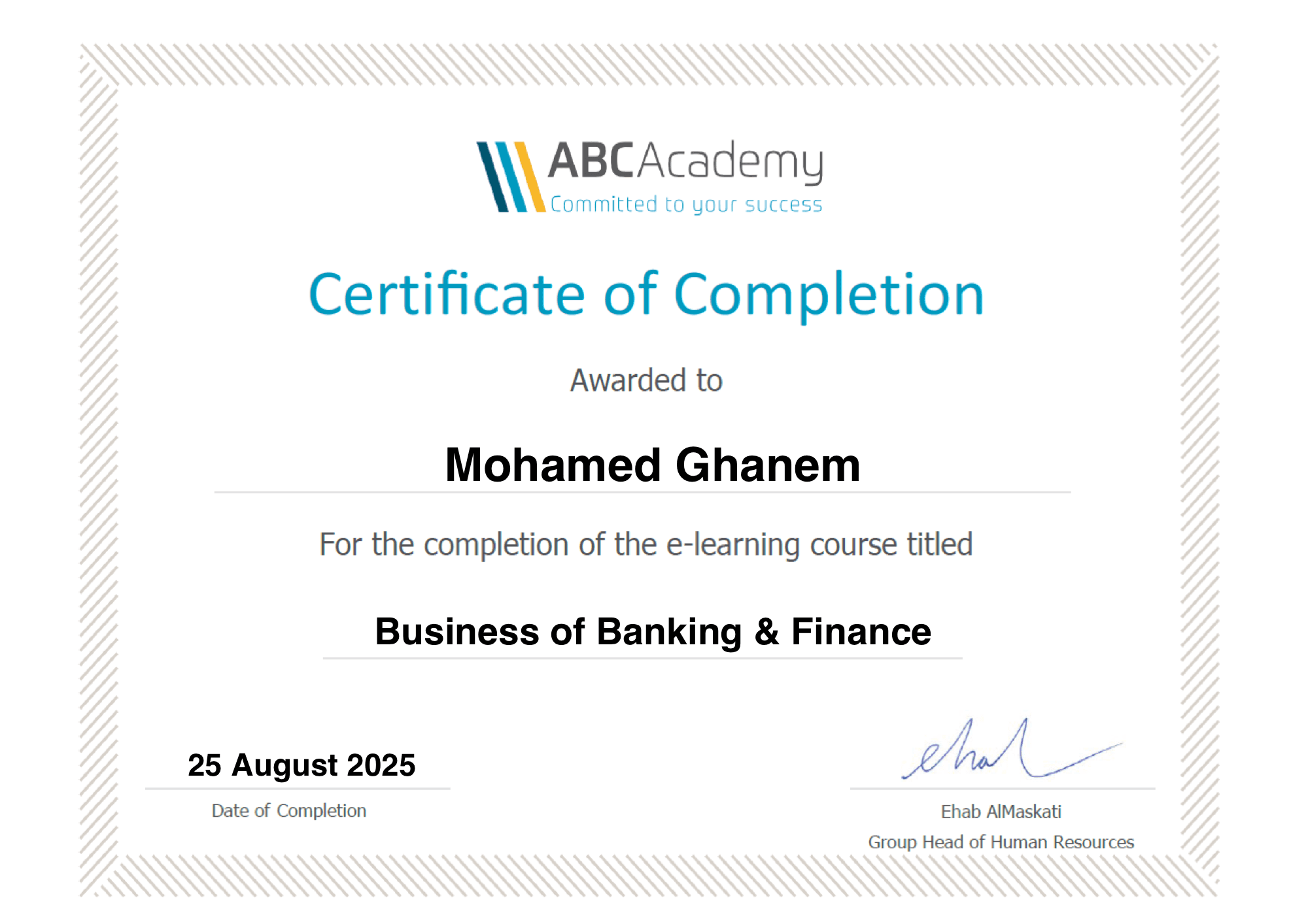 ABC Academy certificate of completion, Business of Banking & Finance
