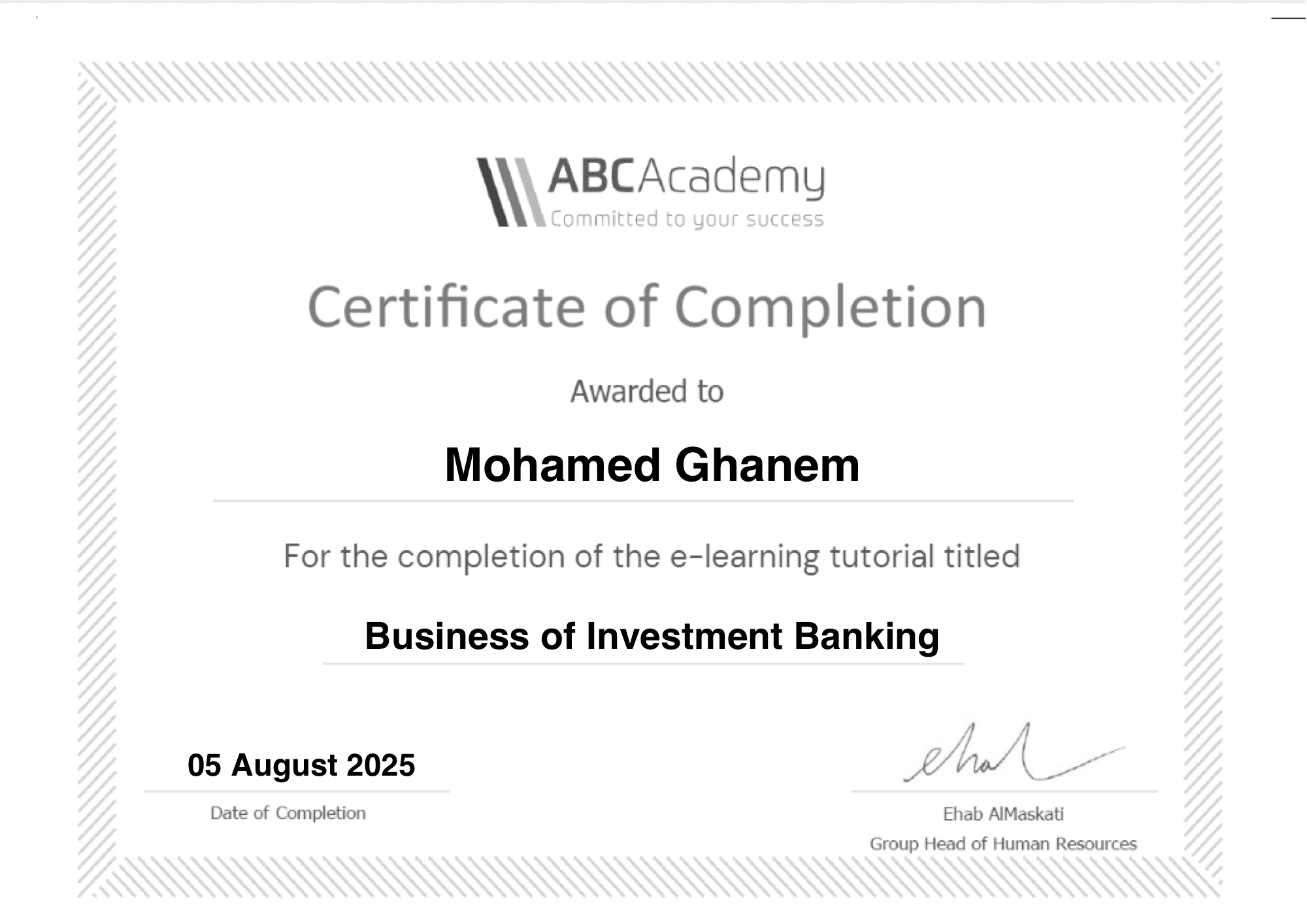 ABC Academy certificate of completion, Business of Investment Banking