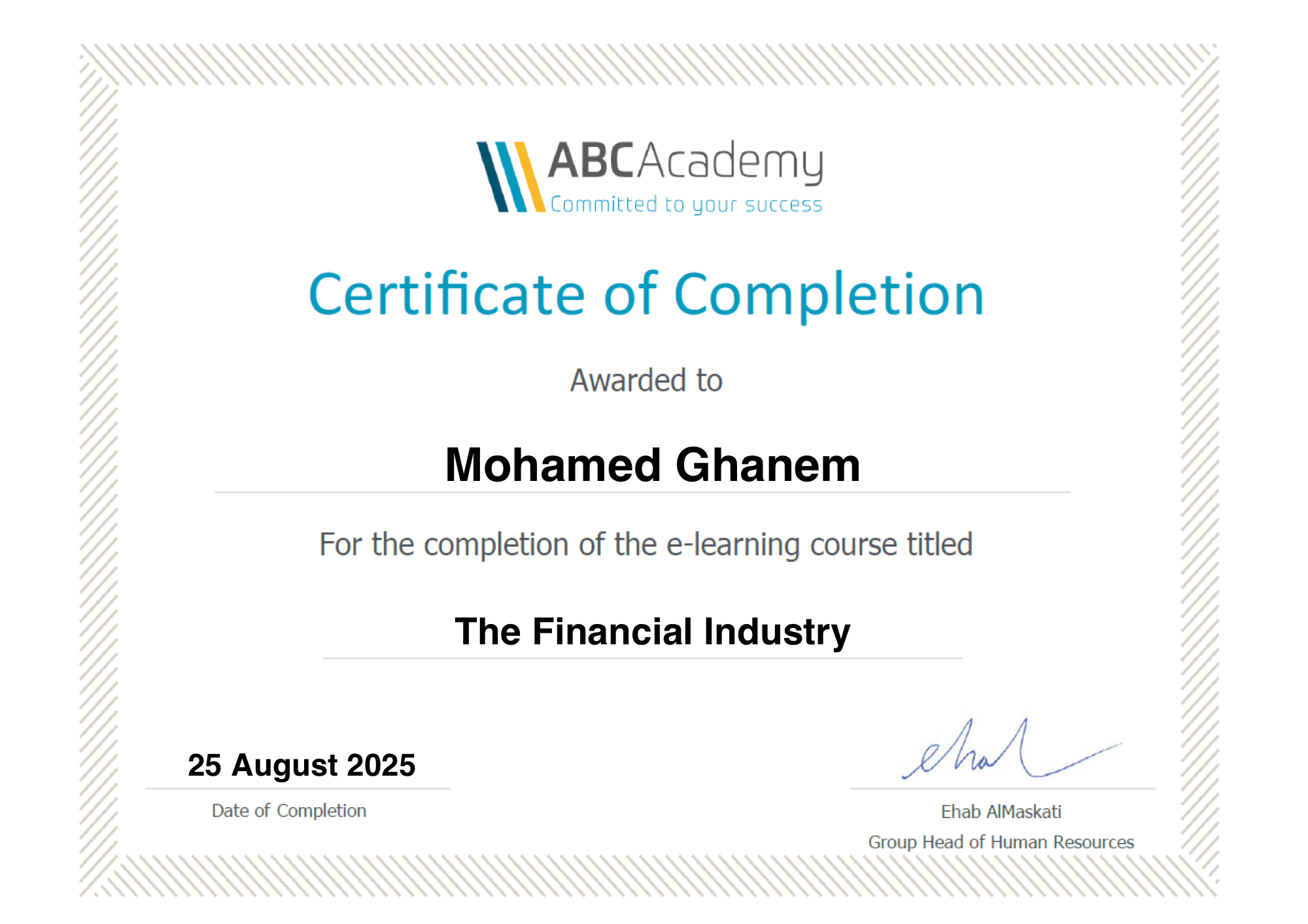ABC Academy certificate of completion, The Financial Industry
