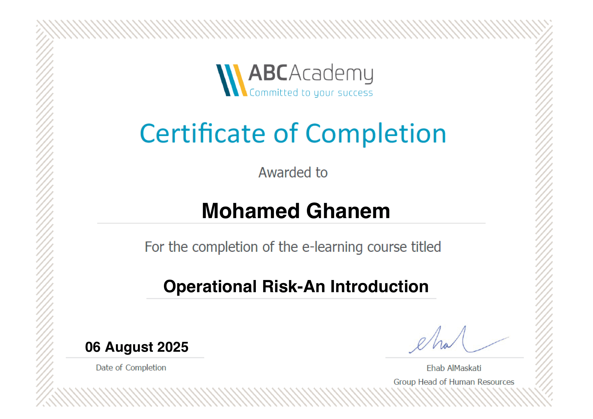 ABC Academy certificate of completion, Operational Risk: An Introduction