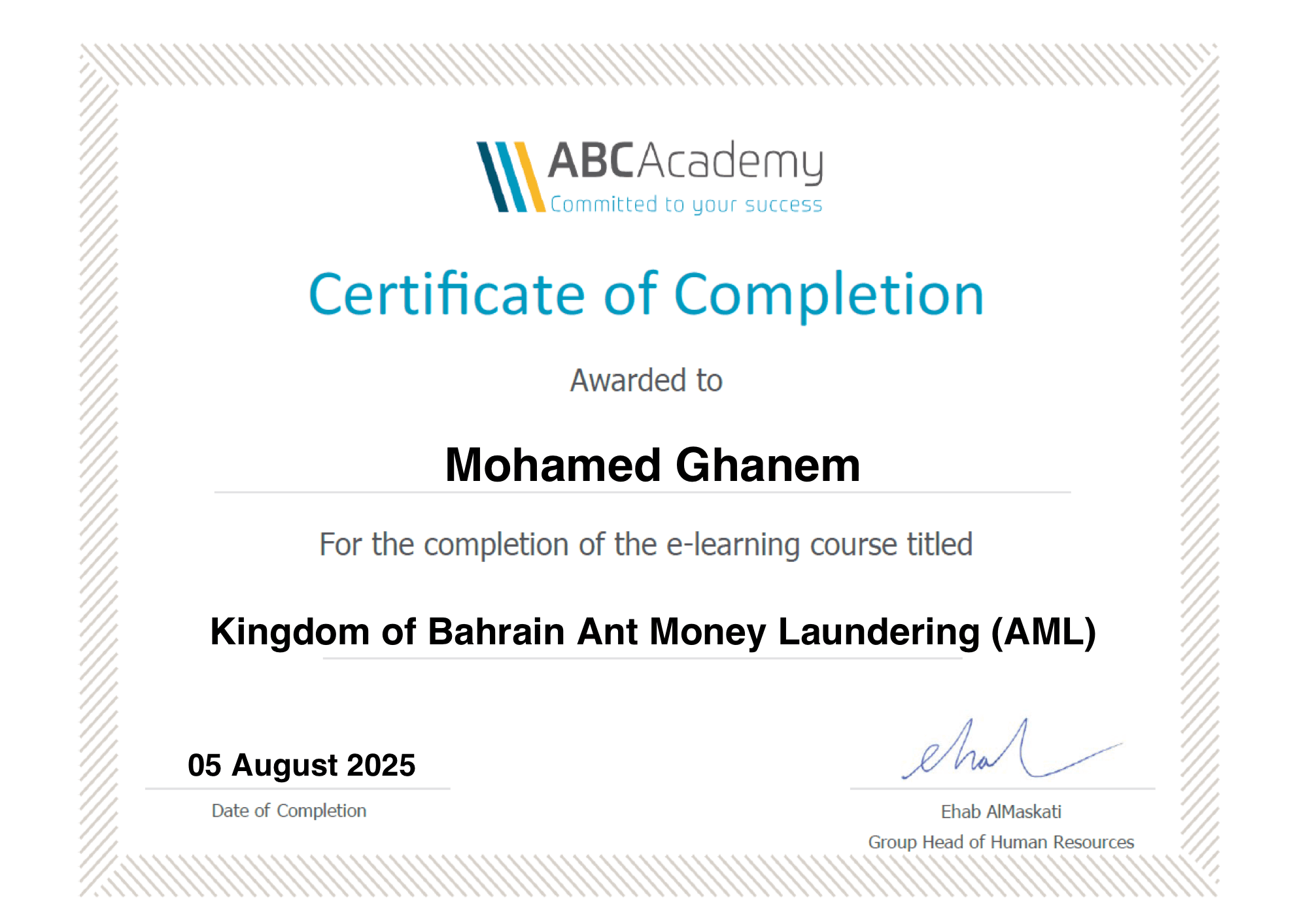 ABC Academy certificate of completion, Anti Money Laundering (AML)