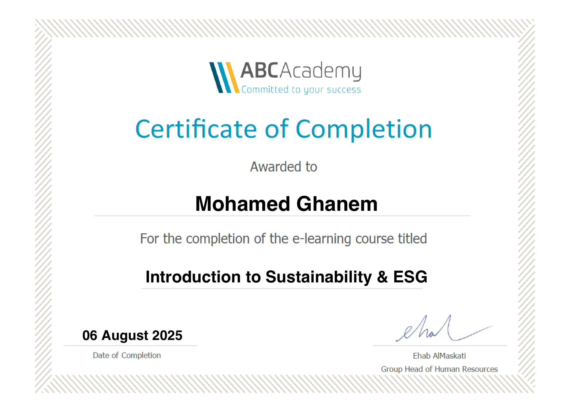 ABC Academy certificate of completion, Introduction to Sustainability & ESG