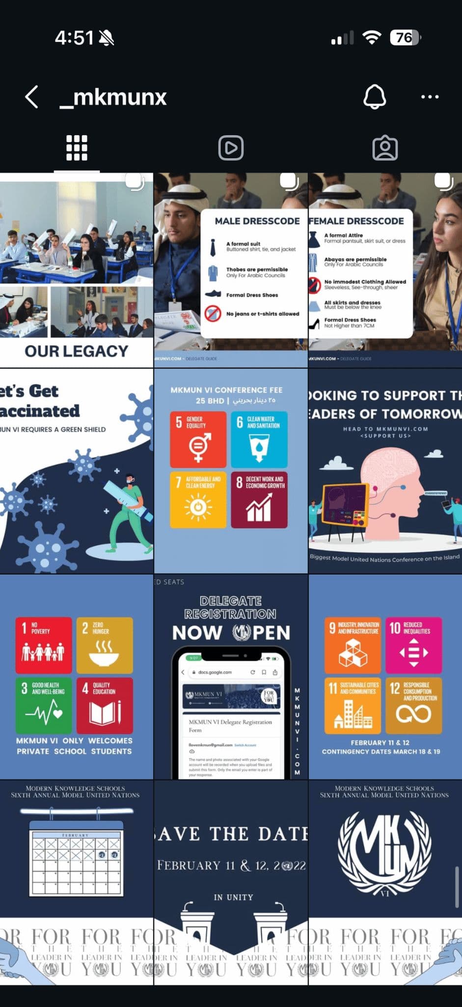 MKS Model United Nations Instagram profile and conference posts